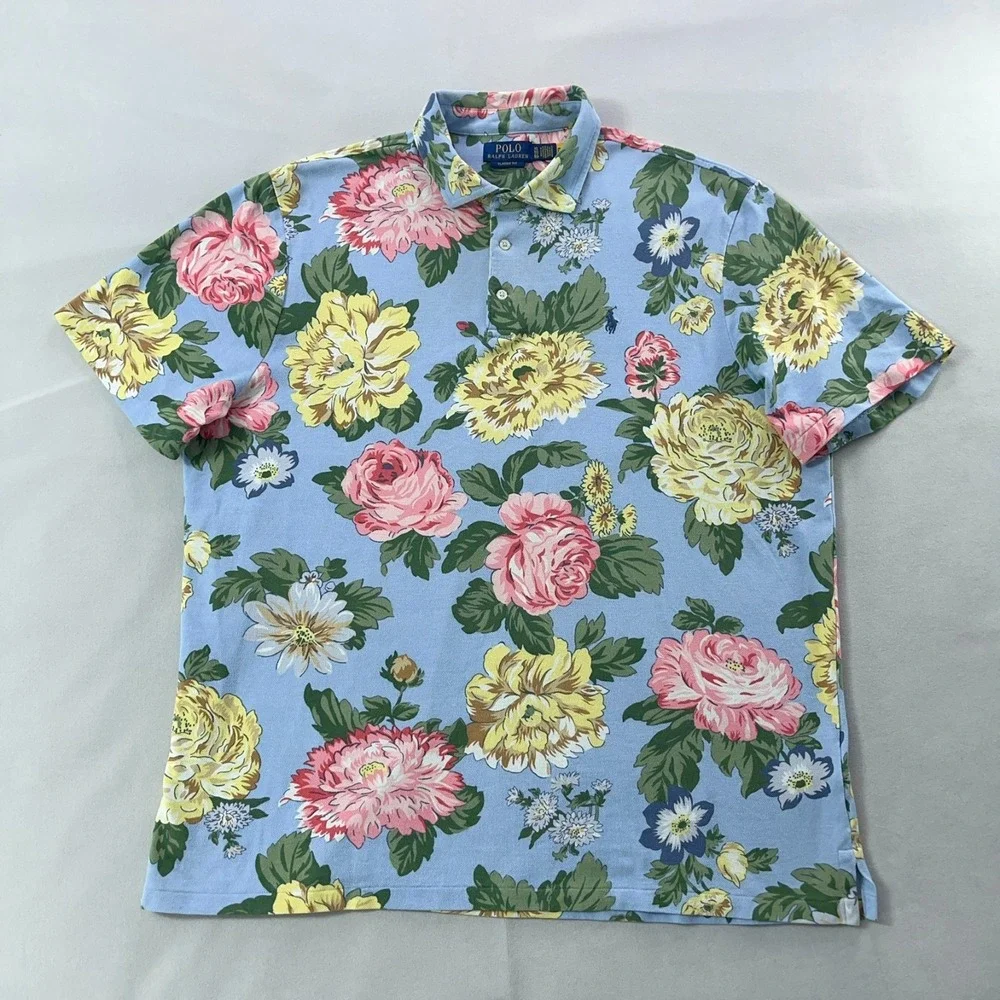 Polo Ralph Lauren Floral Polo Shirt Men XL Blue Classic Fit Cotton Mesh